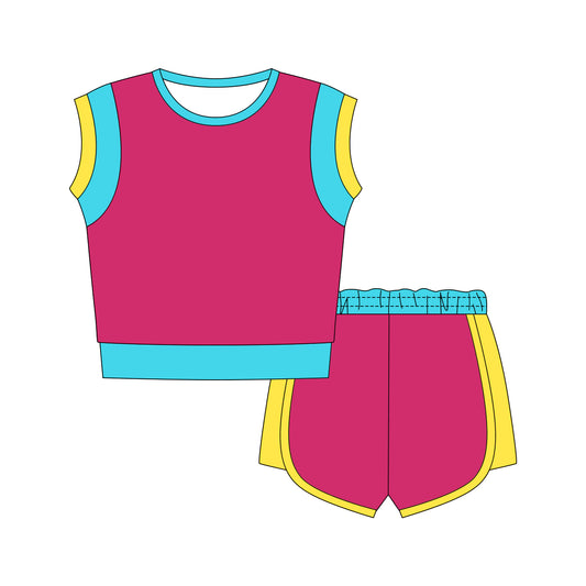 MOQ 5 PCS Preorder GSSO3306 Solid Yellow Blue Rose Red Patchwork Sleeveless Shorts Girls Sets 202601