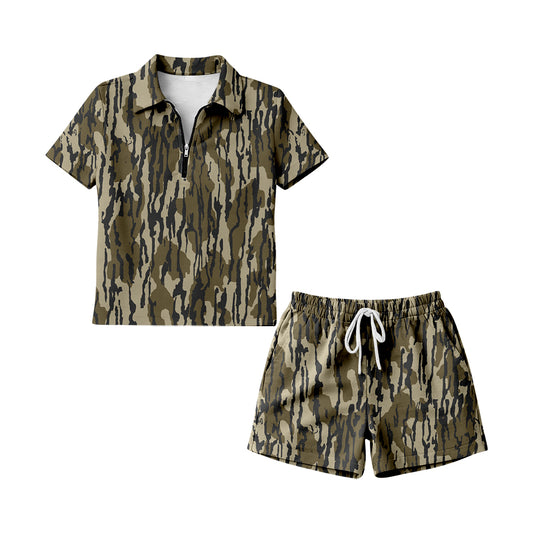 MOQ 5 PCS preorder GSSO3312 Adult Female Army Green Camouflage Zip Polo Short Sleeve Shorts Sets 202601