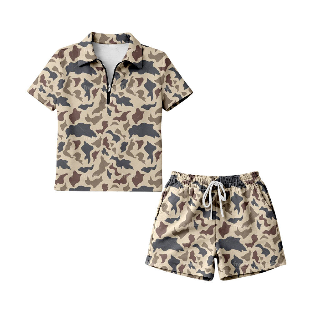 MOQ 5 PCS preorder GSSO3314 Adult Female Light Brown Gray Camouflage Zip Polo Short Sleeve Shorts Sets 202601