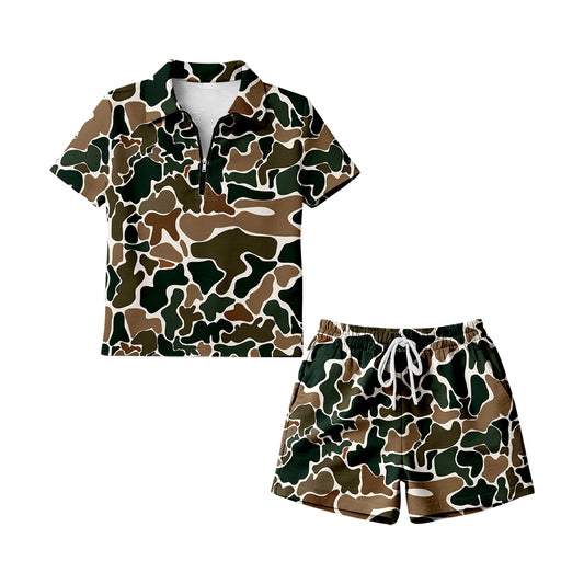 MOQ 5 PCS preorder GSSO3315 Adult Female Brown Green Camouflage Zip Polo Short Sleeve Shorts Sets 202601