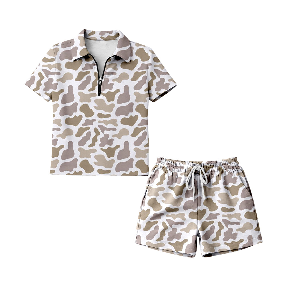 MOQ 5 PCS preorder GSSO3317 Adult Female Beige Gray Brown Camouflage Zip Polo Short Sleeve Shorts Sets 202601