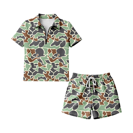 MOQ 5 PCS preorder GSSO3319 Adult Female Green Camouflage Zip Polo Short Sleeve Shorts Sets 202601
