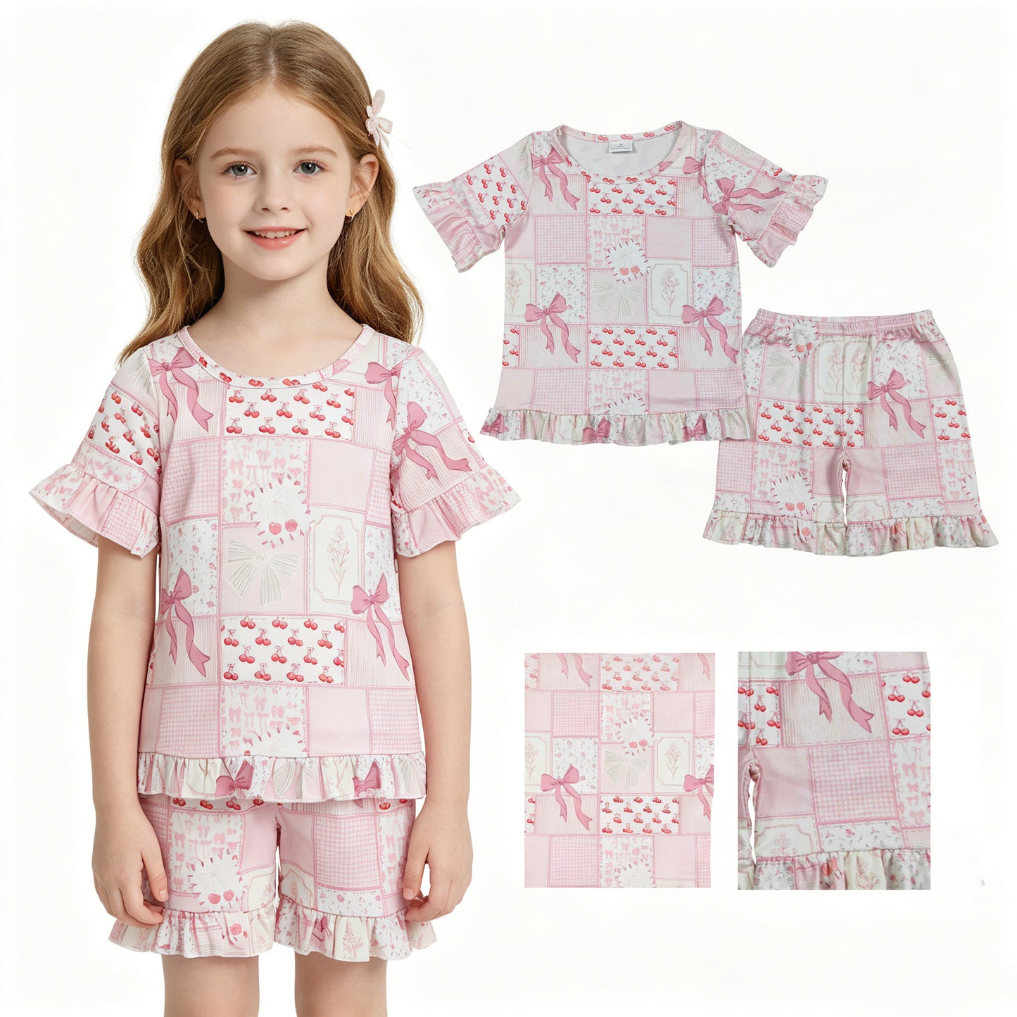 GSSO3321 Pink Bows Cherry Plaid Flower Ruffle Short Shorts Girls Sets 202604 RTS