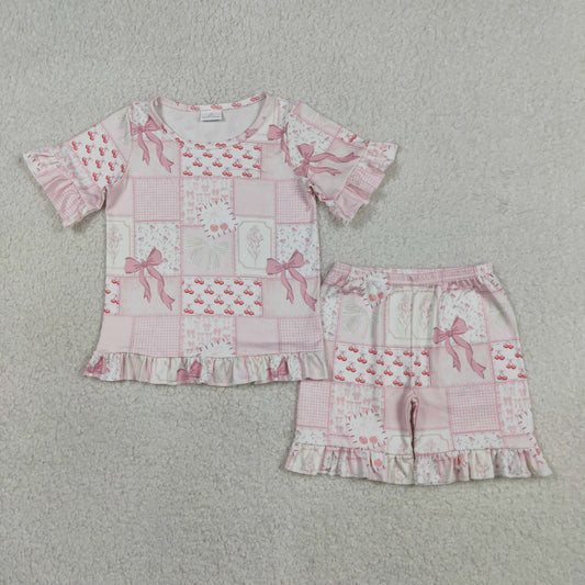 GSSO3321 Pink Bows Cherry Plaid Flower Ruffle Short Shorts Girls Sets 202604 RTS