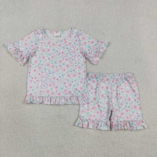 GSSO3322 Purple Bows Flower Ruffle Short Shorts Girls Sets 202604 RTS
