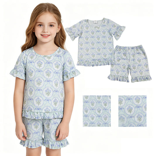GSSO3323 Blue Bows Flower Ruffle Short Shorts Girls Sets 202604 RTS
