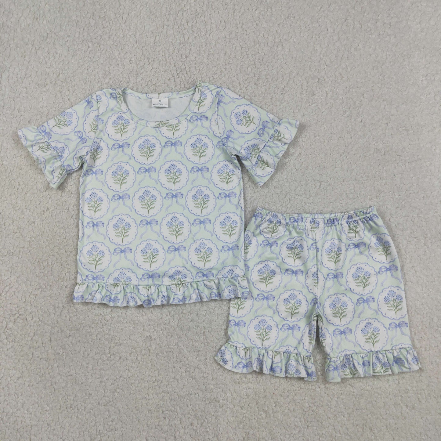 GSSO3323 Blue Bows Flower Ruffle Short Shorts Girls Sets 202604 RTS