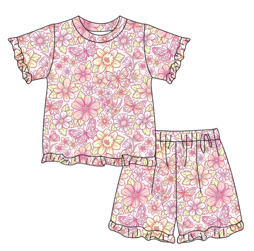 MOQ 5 PCS Preorder GSSO3325 Flowers Leaves Butterflies Ruffle Short Shorts Girls Sets 202601