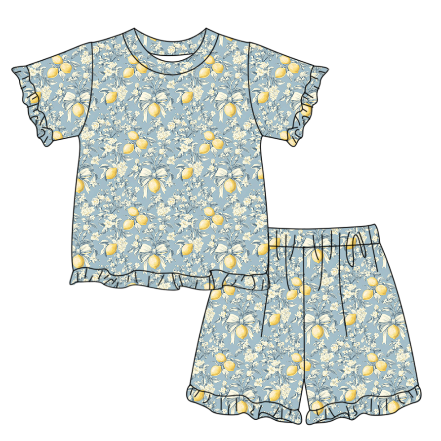MOQ 5 PCS Preorder GSSO3327 Lemon Flower Bows Ruffle Short Shorts Girls Sets 202601
