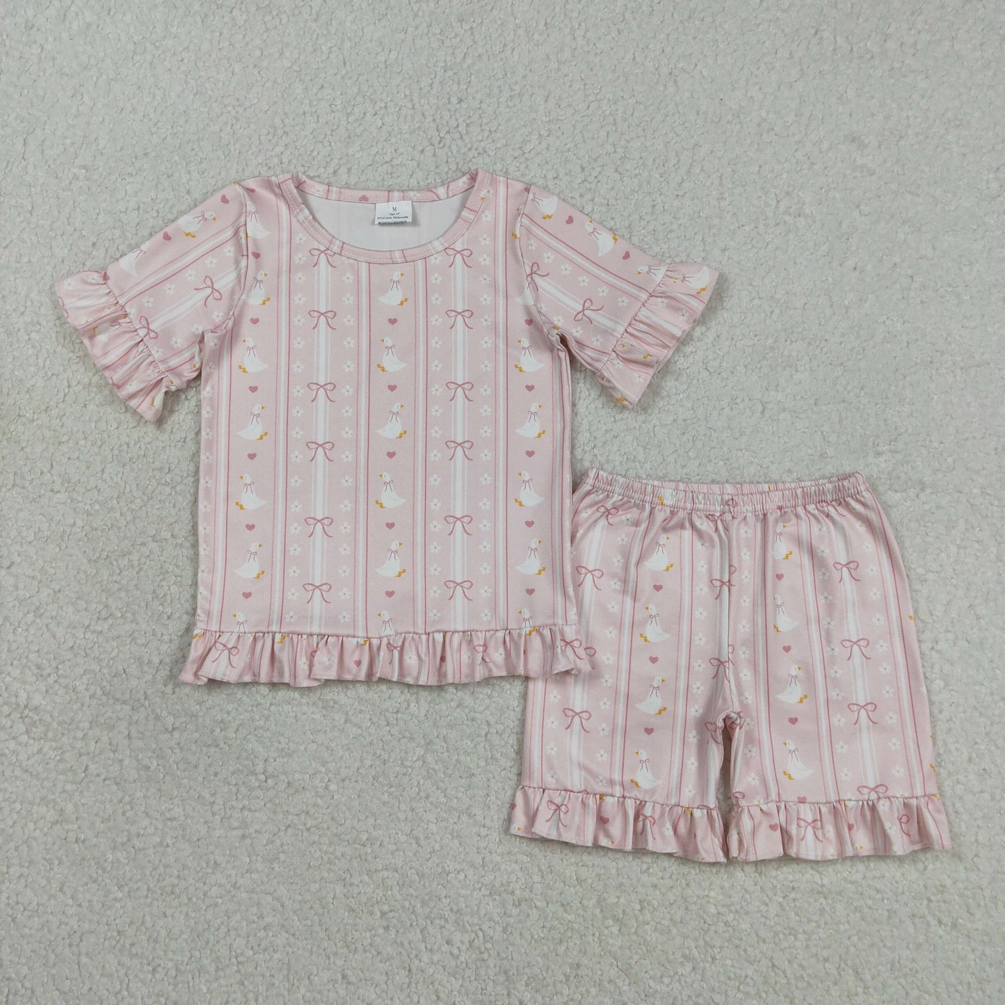 GSSO3330 Heart Flower Bow Goose Pink Ruffle Short Sleeve Top Shorts Girls Sets 202603 RTS