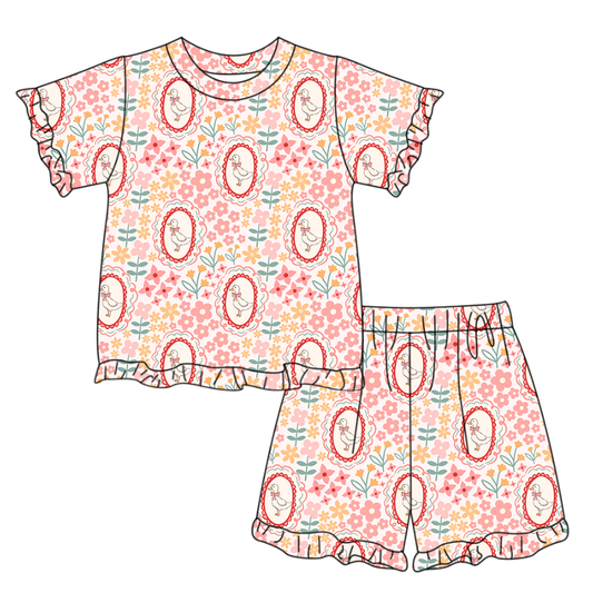 MOQ 5 PCS Preorder GSSO3331 Goose Flower Leaf Pink Ruffle Short Sleeve Shorts Girls Sets 202601