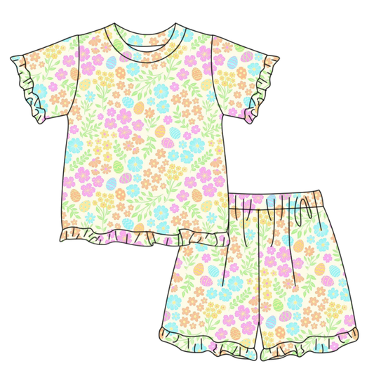 MOQ 5 PCS Preorder GSSO3332 Easter Colored Eggs Flower Ruffle Short Sleeve Shorts Girls Sets 202601