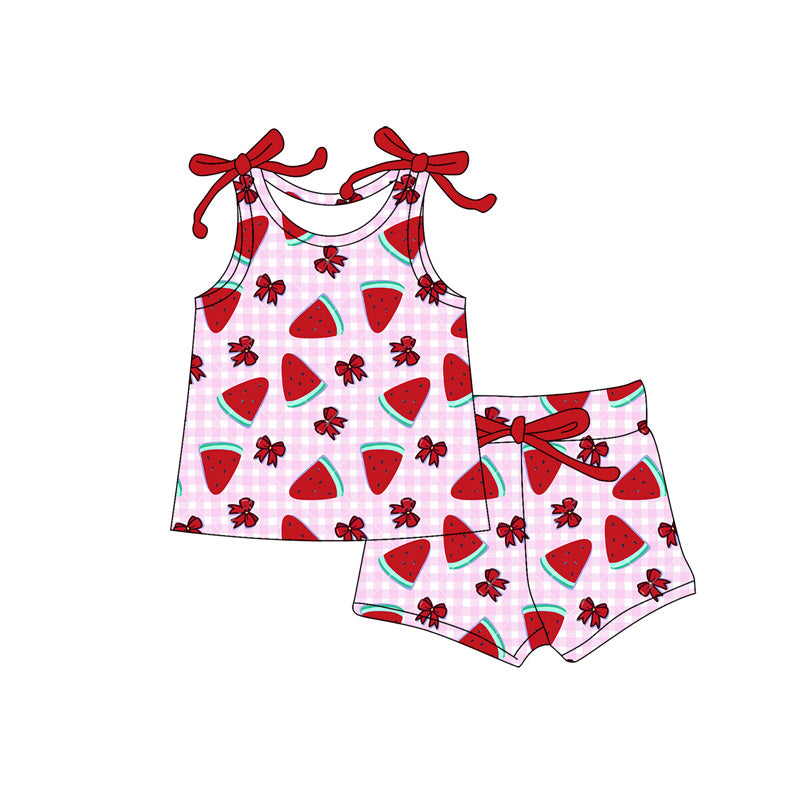 MOQ 5 PCS Preorder GSSO3333 Watermelon Bows Pink Plaid Sleeveless Shorts Girls Sets 202601