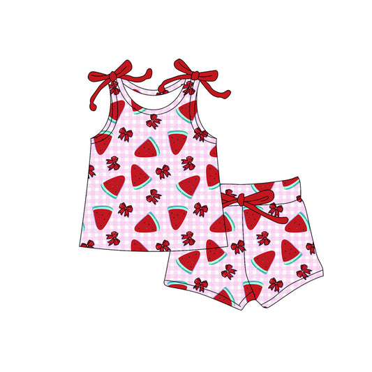 MOQ 5 PCS Preorder GSSO3333 Watermelon Bows Pink Plaid Sleeveless Shorts Girls Sets 202601