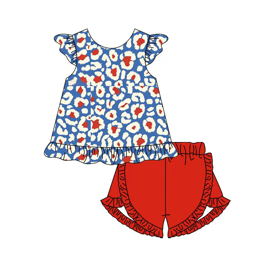 MOQ 5 PCS Preorder GSSO3334 Leopard Blue Fly Sleeve Shorts Girls Sets 202601