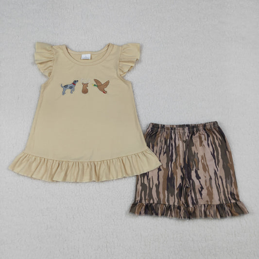 GSSO3335 Embroidered Puppy Deer Duck Hunting Ruffle Khaki Flying Sleeve Top Camouflage Shorts Girls Sets 202604 RTS