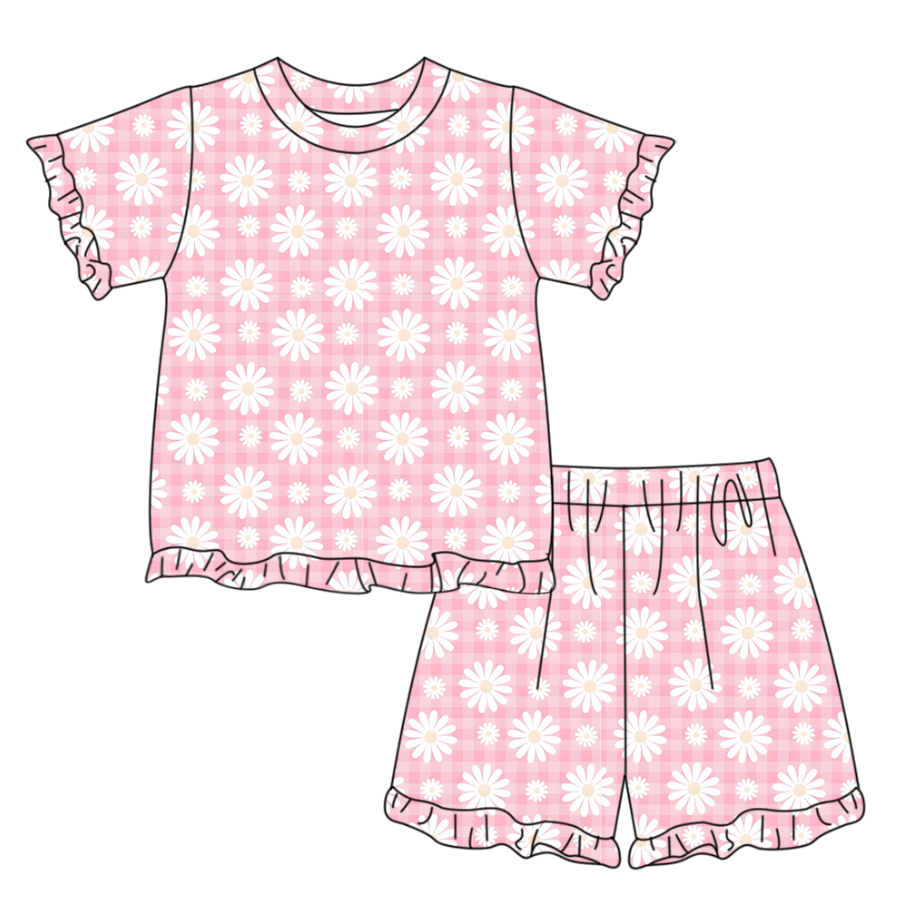 MOQ 5 PCS Preorder GSSO3336 Flower Pink Plaid Ruffle Short Sleeve Shorts Girls Sets 202601
