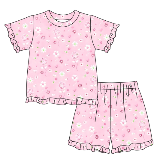 MOQ 5 PCS Preorder GSSO3337 Flower Pink Ruffle Short Sleeve Shorts Girls Sets 202601