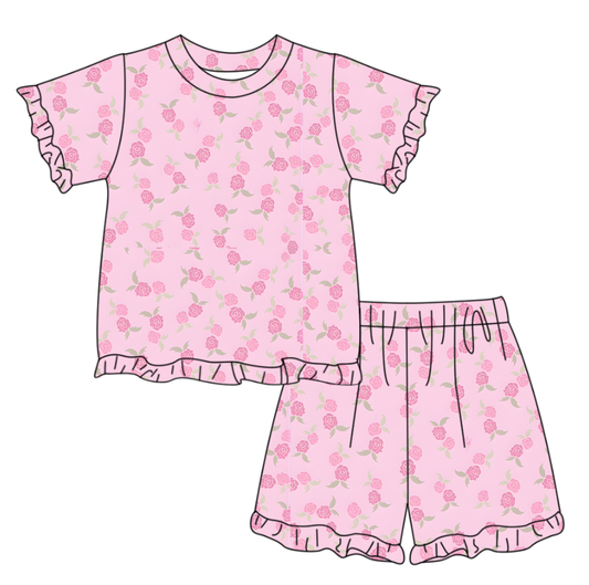 MOQ 5 PCS Preorder GSSO3338 Flower Leaf Pink Ruffle Short Sleeve Shorts Girls Sets 202601