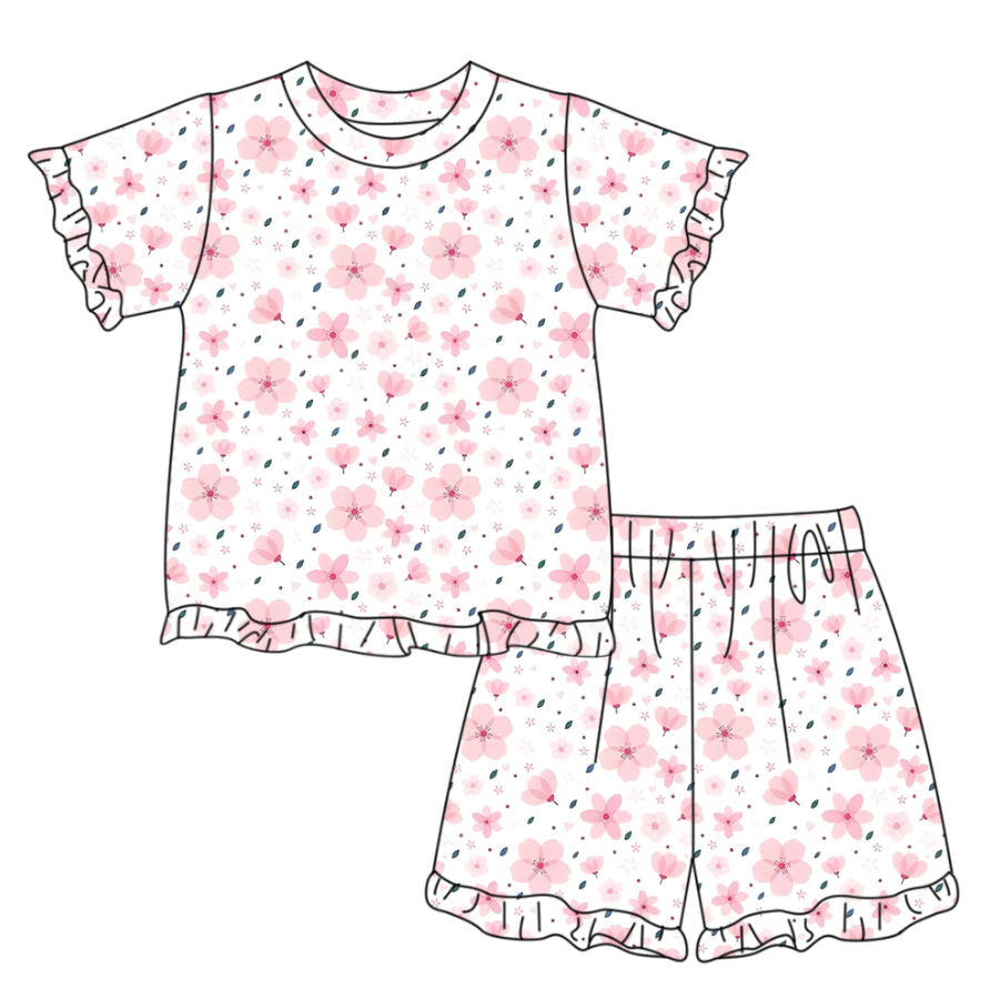 MOQ 5 PCS Preorder GSSO3340 Pink Flower White Ruffle Short Sleeve Shorts Girls Sets 202601