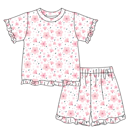 MOQ 5 PCS Preorder GSSO3340 Pink Flower White Ruffle Short Sleeve Shorts Girls Sets 202601