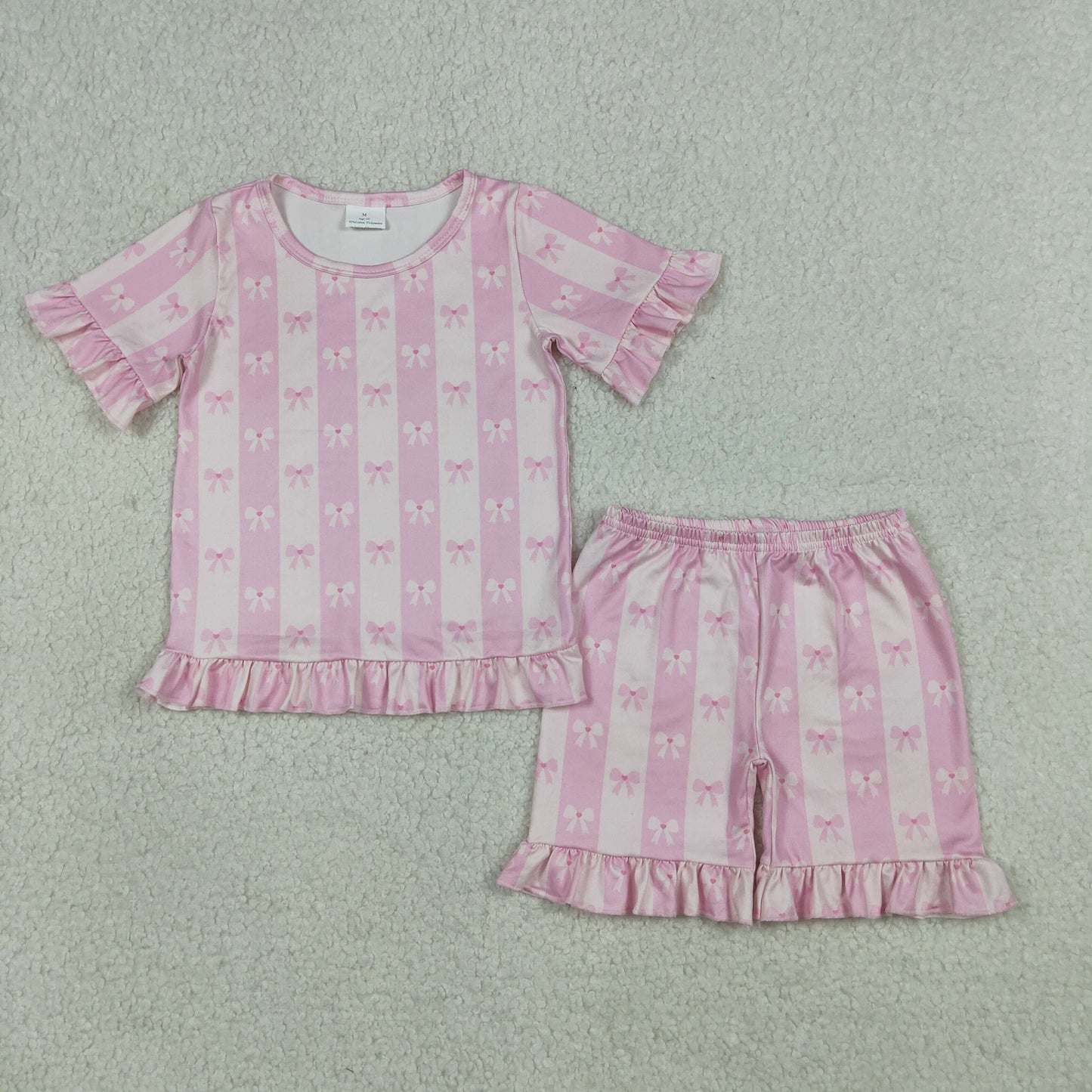 GSSO3341 Pink Bows Stripe Ruffle Short Sleeve Shorts Girls Sets 202604