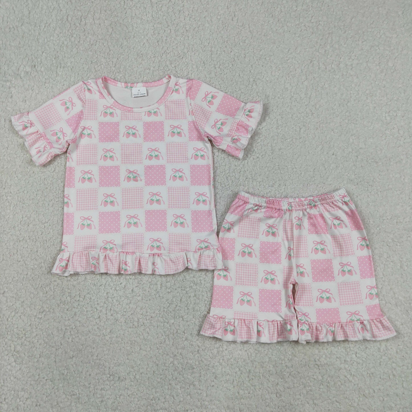 GSSO3342 Pink Bows Strawberry Plaid White Ruffle Short Sleeve Shorts Girls Sets 202605 RTS