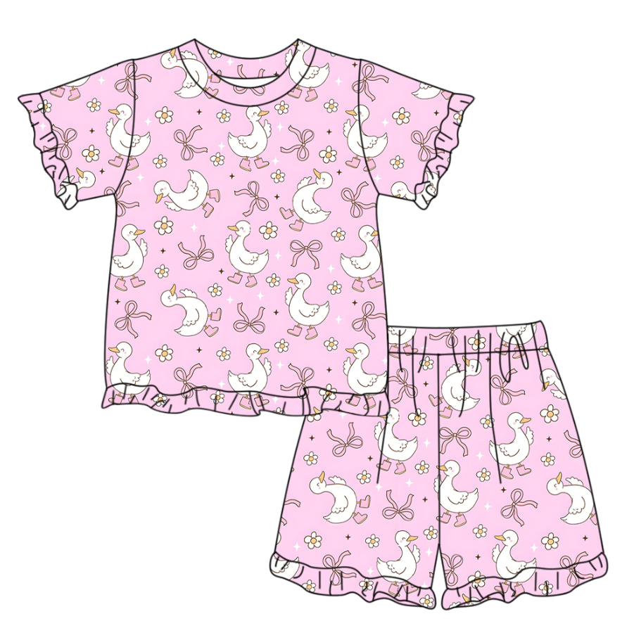 MOQ 5 PCS Preorder GSSO3343 Goose Bows Flower Pink Ruffle Short Sleeve Shorts Girls Sets 202601