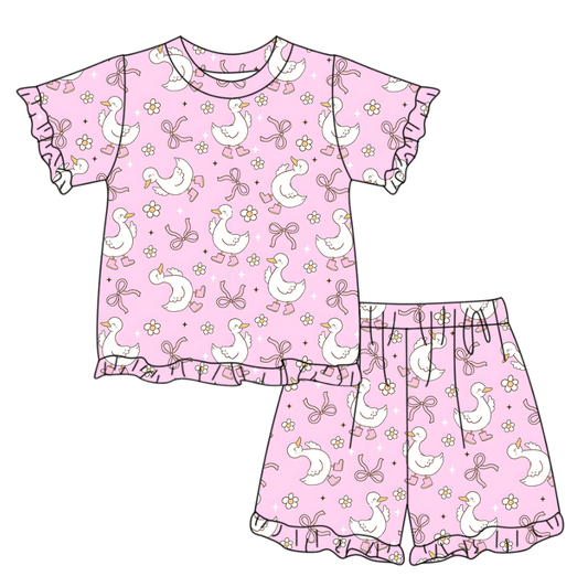 MOQ 5 PCS Preorder GSSO3343 Goose Bows Flower Pink Ruffle Short Sleeve Shorts Girls Sets 202601