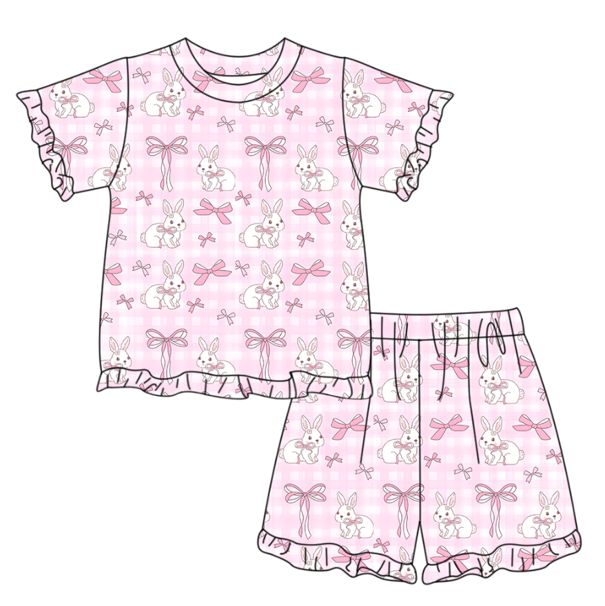 MOQ 5 PCS Preorder GSSO3345 Easter Bunny Bows Pink Plaid Ruffle Short Sleeve Shorts Girls Sets 202601