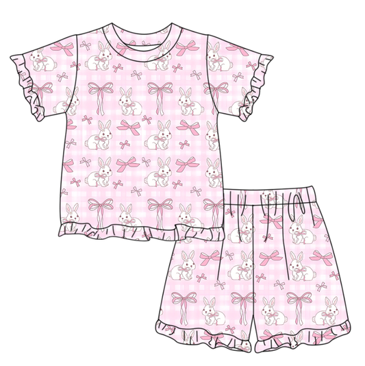 MOQ 5 PCS Preorder GSSO3345 Easter Bunny Bows Pink Plaid Ruffle Short Sleeve Shorts Girls Sets 202601