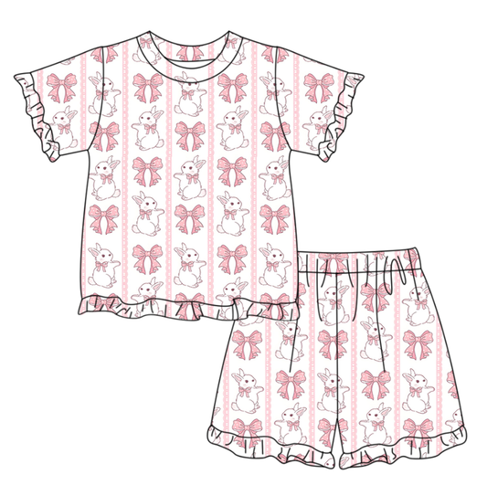 MOQ 5 PCS Preorder GSSO3346 Easter Bunny Bows Pink Stripe White Ruffle Short Sleeve Shorts Girls Sets 202601