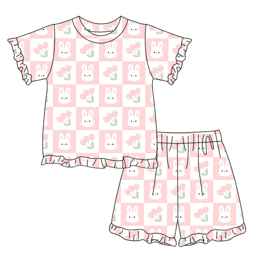 MOQ 5 PCS Preorder GSSO3347 Easter Bunny Plaid Pink Ruffle Short Sleeve Shorts Girls Sets 202601