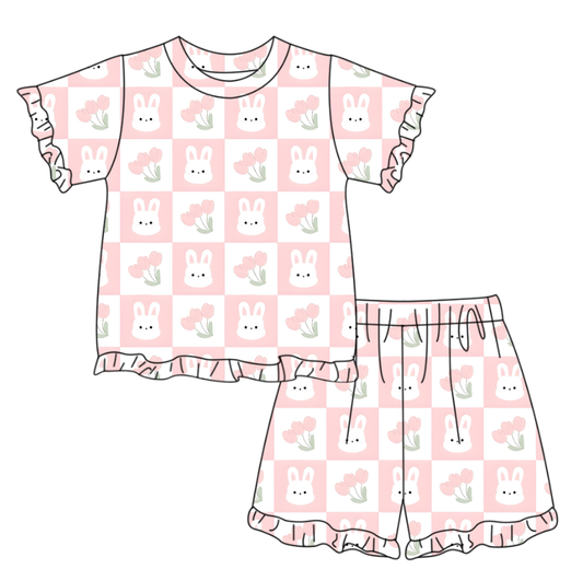 MOQ 5 PCS Preorder GSSO3347 Easter Bunny Plaid Pink Ruffle Short Sleeve Shorts Girls Sets 202601