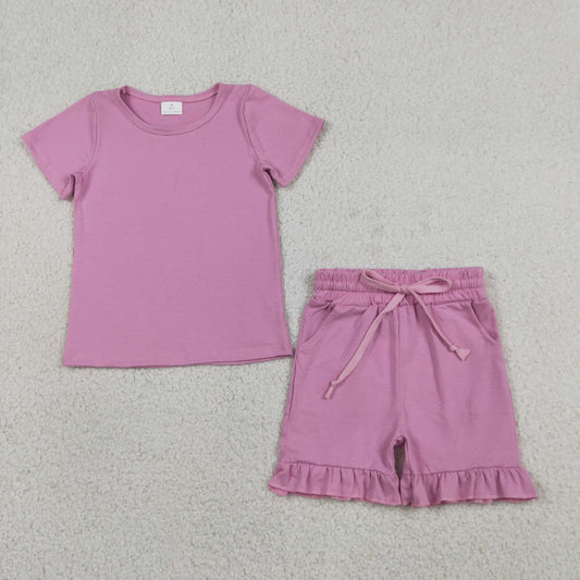 GSSO3348 Solid Pink Ruffle Short Sleeve Shorts Girls Sets 202606 RTS