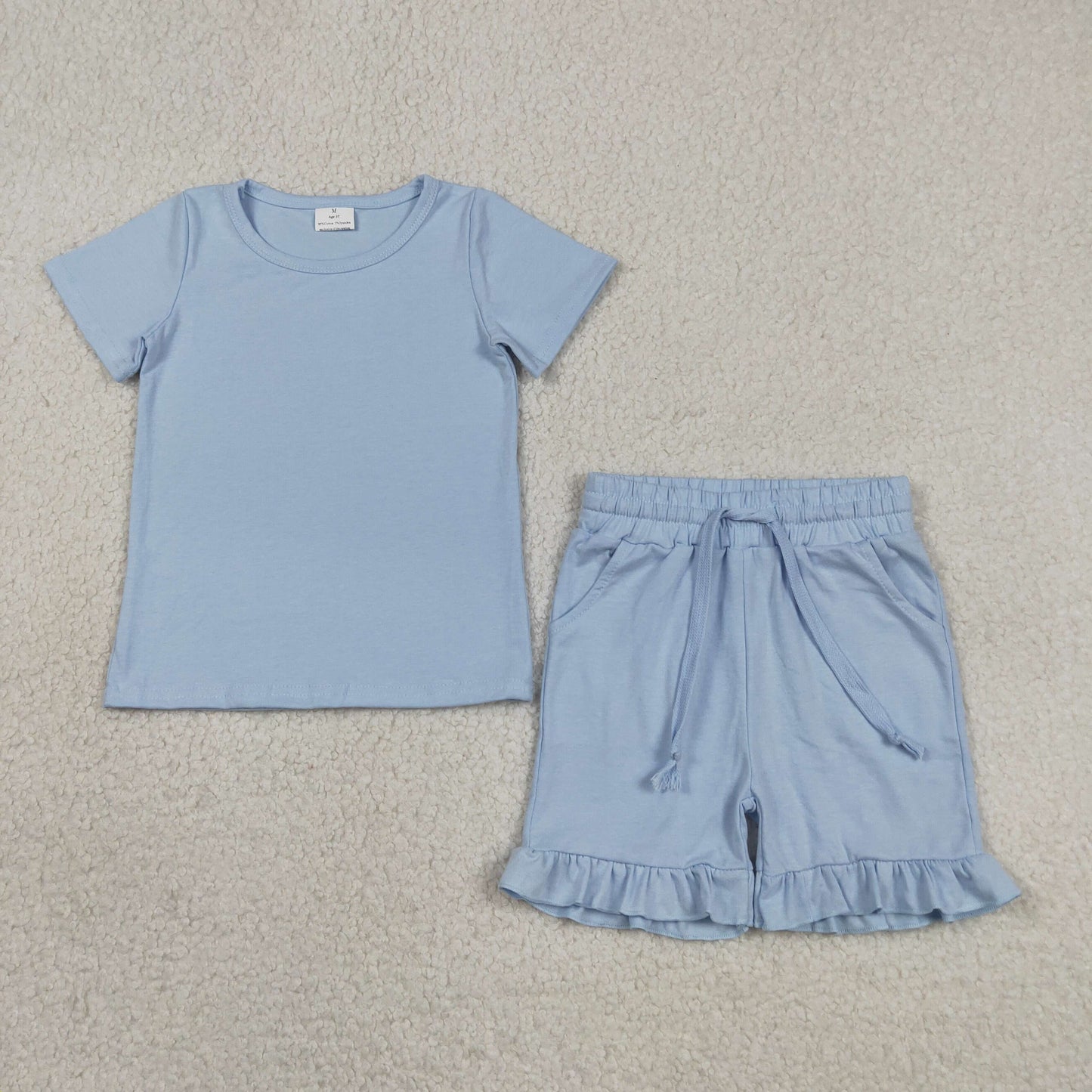 GSSO3349 Solid Blue Ruffle Short Sleeve Shorts Girls Sets 202605 RTS