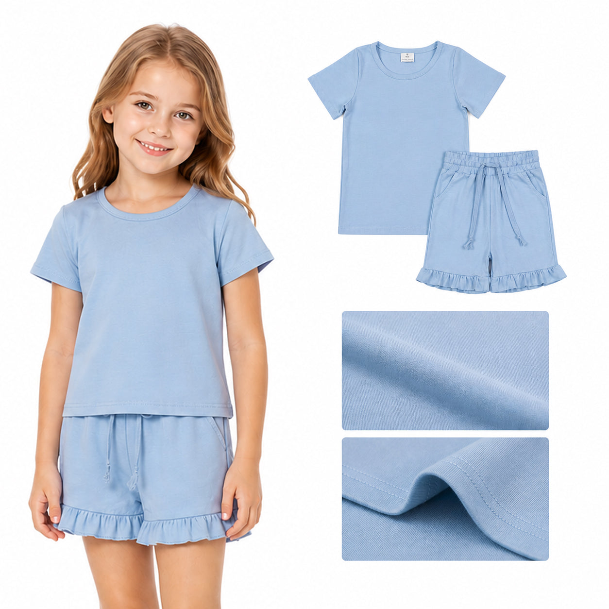 GSSO3349 Solid Blue Ruffle Short Sleeve Shorts Girls Sets 202605 RTS