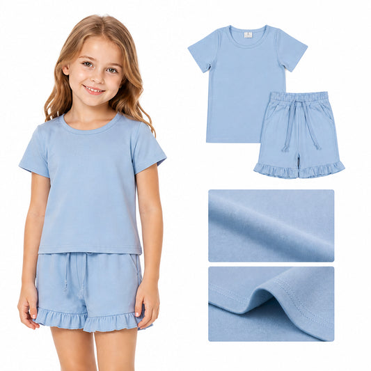 GSSO3349 Solid Blue Ruffle Short Sleeve Shorts Girls Sets 202605 RTS