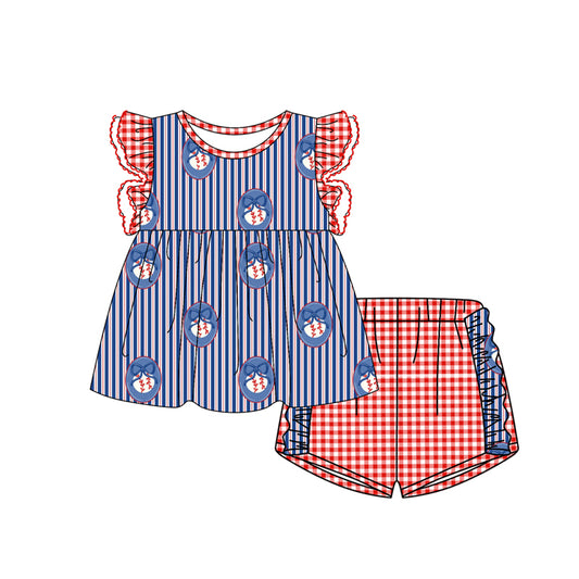 MOQ 5 PCS Preorder GSSO3352 Baseball Bows Blue Stripe Red Plaid Flying Sleeve Shorts Girls Sets 202601