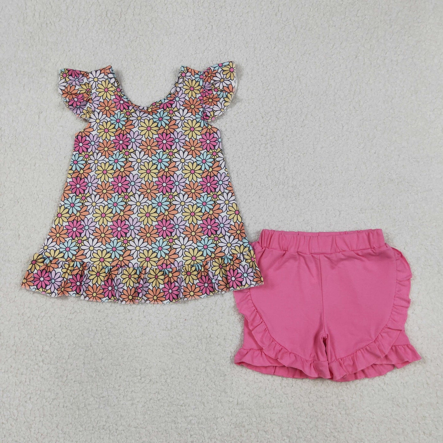 GSSO3353 Flower Big Bow Flying Sleeve Rose Red Ruffle Shorts Girls Sets 202604 RTS