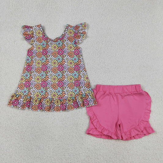 GSSO3353 Flower Big Bow Flying Sleeve Rose Red Ruffle Shorts Girls Sets 202604 RTS