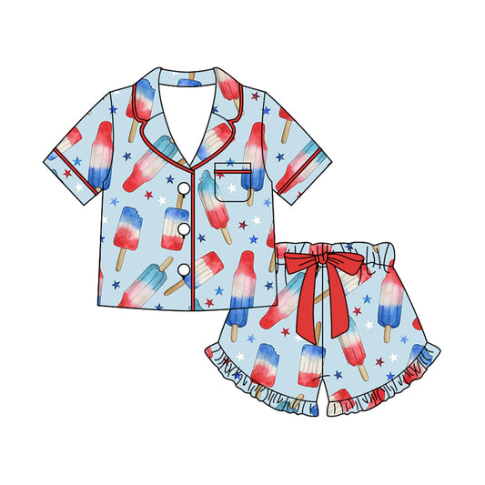 MOQ 5 PCS Preorder GSSO3354 4th of July Ice Cream Star Blue Polo Short Sleeve Shorts Girls Pajama Sets 202602