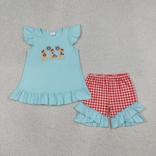 GSSO3356 Embroidered 4th of July Puppy Fireworks Flag Pea Green Ruffle Flying Sleeve Red Plaid Shorts Girls Sets 202605 RTS