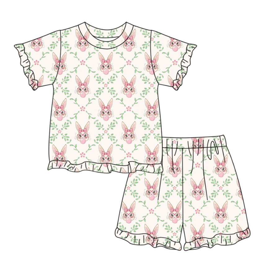 MOQ 5 PCS Preorder GSSO3357 Easter Bunny Leaf Ruffle Beige Short Sleeve Shorts Girls Sets 202602