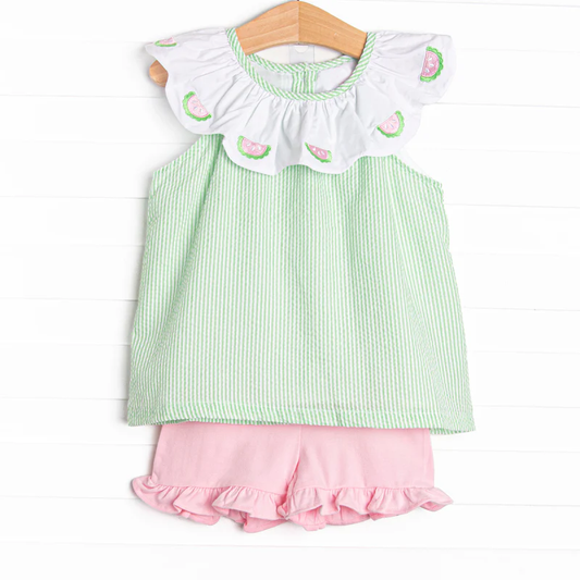 MOQ 5 PCS Preorder GSSO3361 Watermelon Green Stripe Flying Sleeve Pink Ruffle Shorts Girls Sets 202602