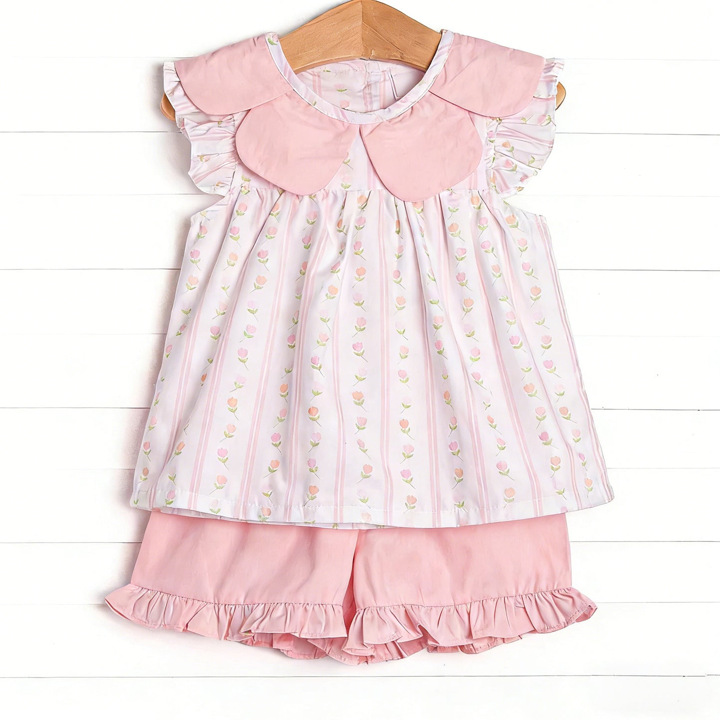 MOQ 5 PCS Preorder GSSO3363 Flower Ruffle Pink Stripe Flying Sleeve Shorts Girls Sets 202602