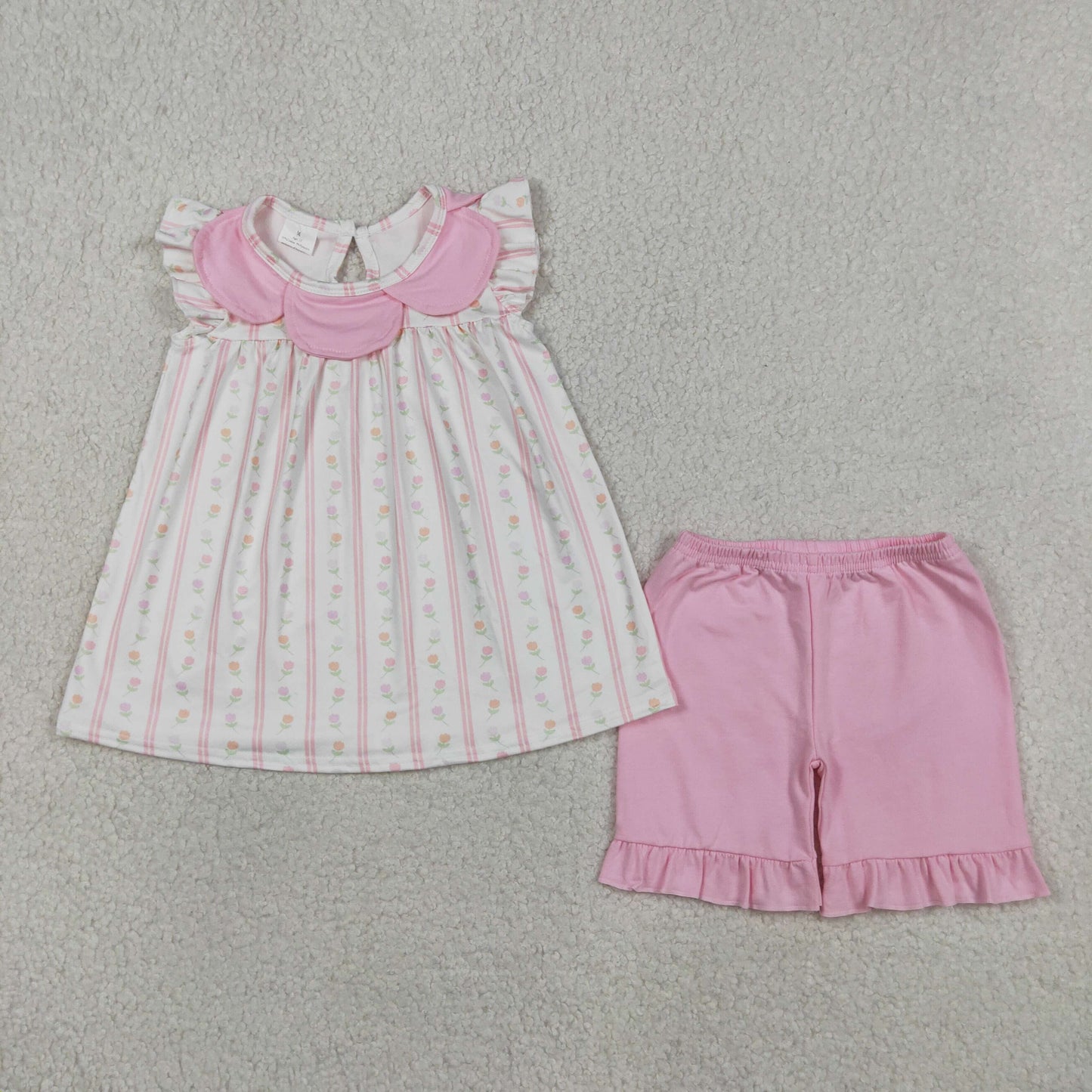GSSO3363 Flower Ruffle Pink Stripe Flying Sleeve Shorts Girls Sets 202604 RTS