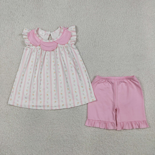 GSSO3363 Flower Ruffle Pink Stripe Flying Sleeve Shorts Girls Sets 202604 RTS