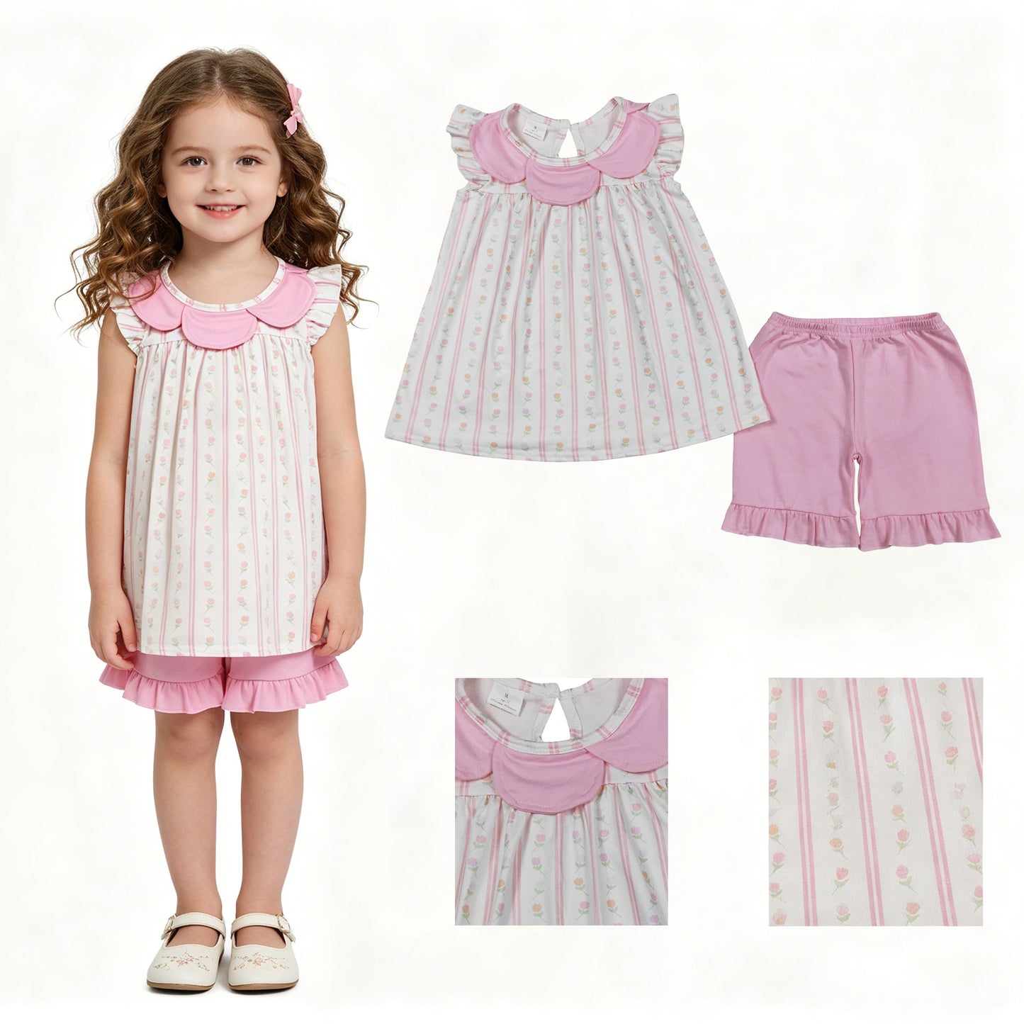 GSSO3363 Flower Ruffle Pink Stripe Flying Sleeve Shorts Girls Sets 202604 RTS