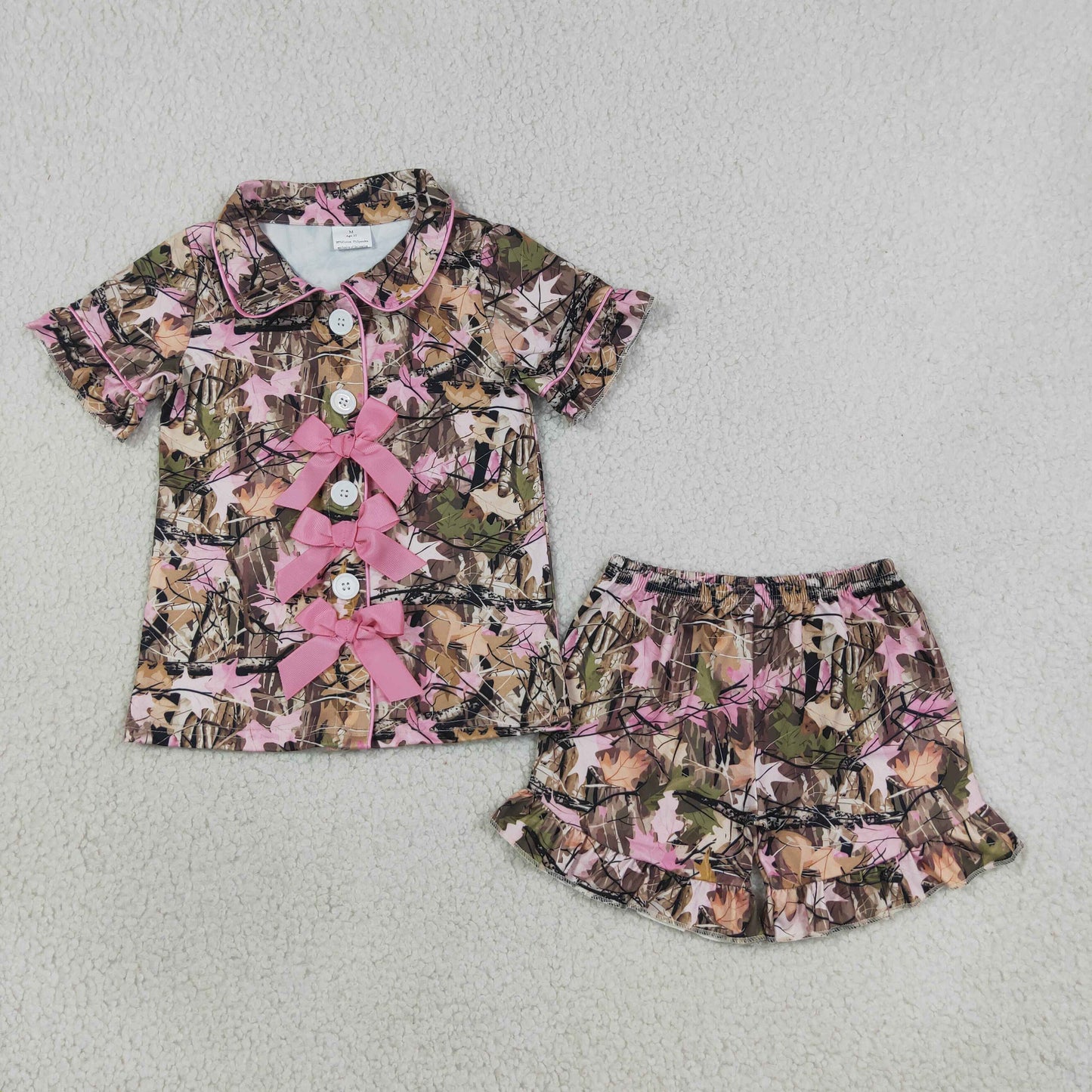 GSSO3364 Branches Leaves Rose Red Bows Polo Short Sleeve Shorts Girls Pajama Sets 202608 RTS
